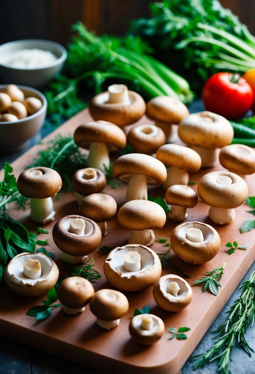 A variety of mushrooms arranged on a cutting board with fresh herbs and vegetables nearby