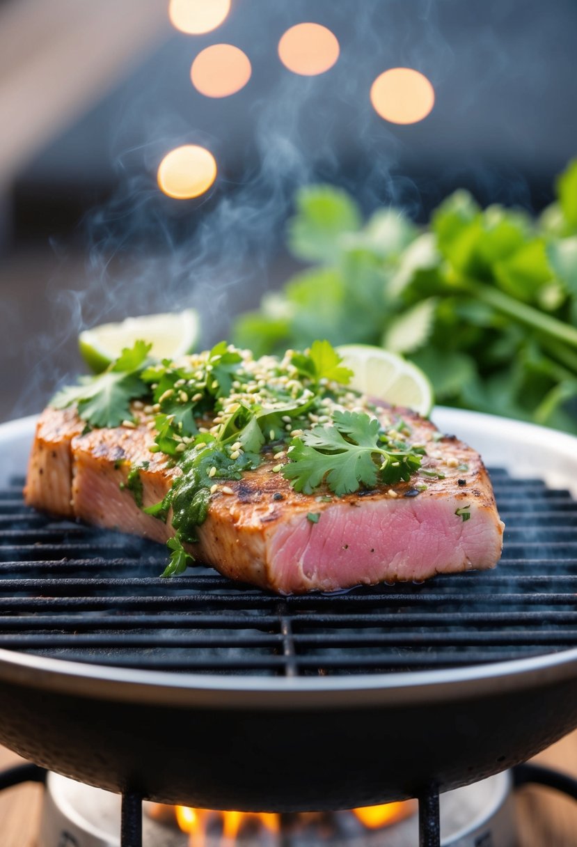 A tuna steak marinated in cilantro, lime, and sesame seeds sizzling on a hot grill