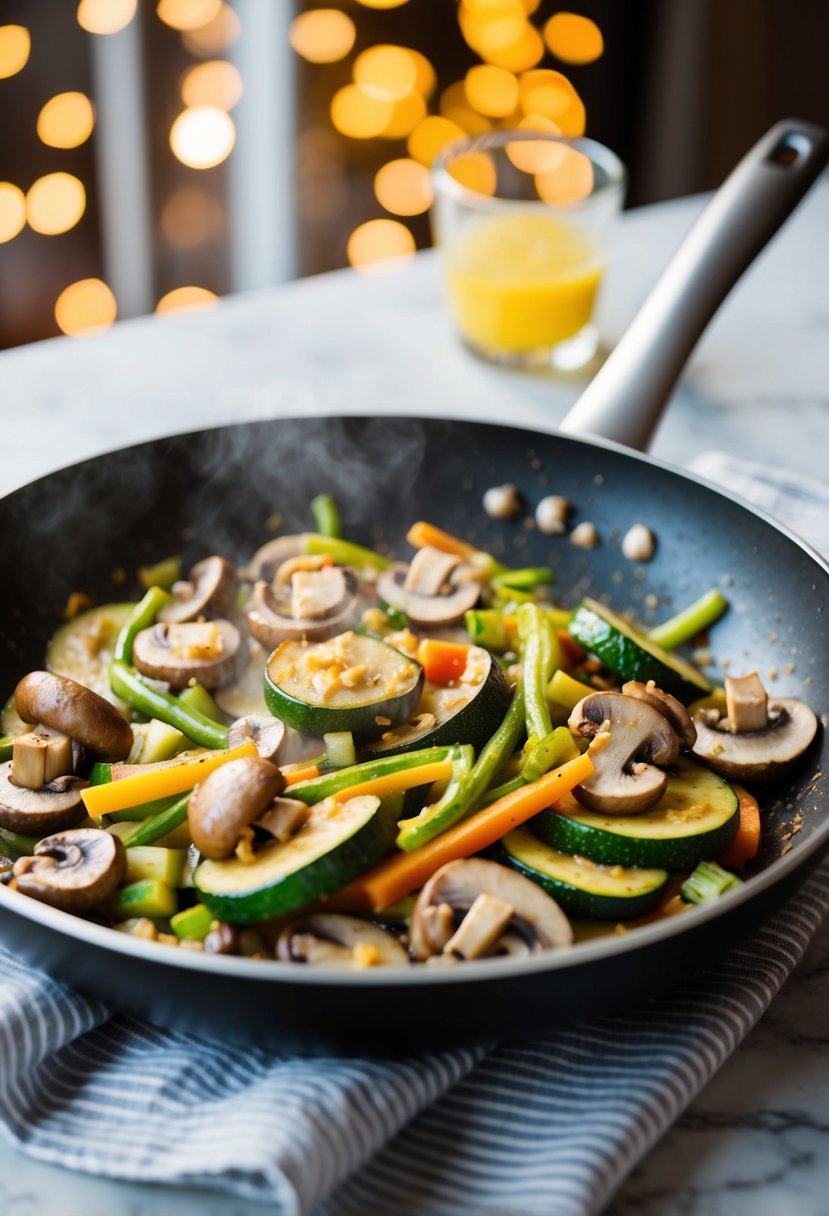 A sizzling pan with mushrooms, zucchini, and colorful vegetables stir-frying in a light, flavorful sauce