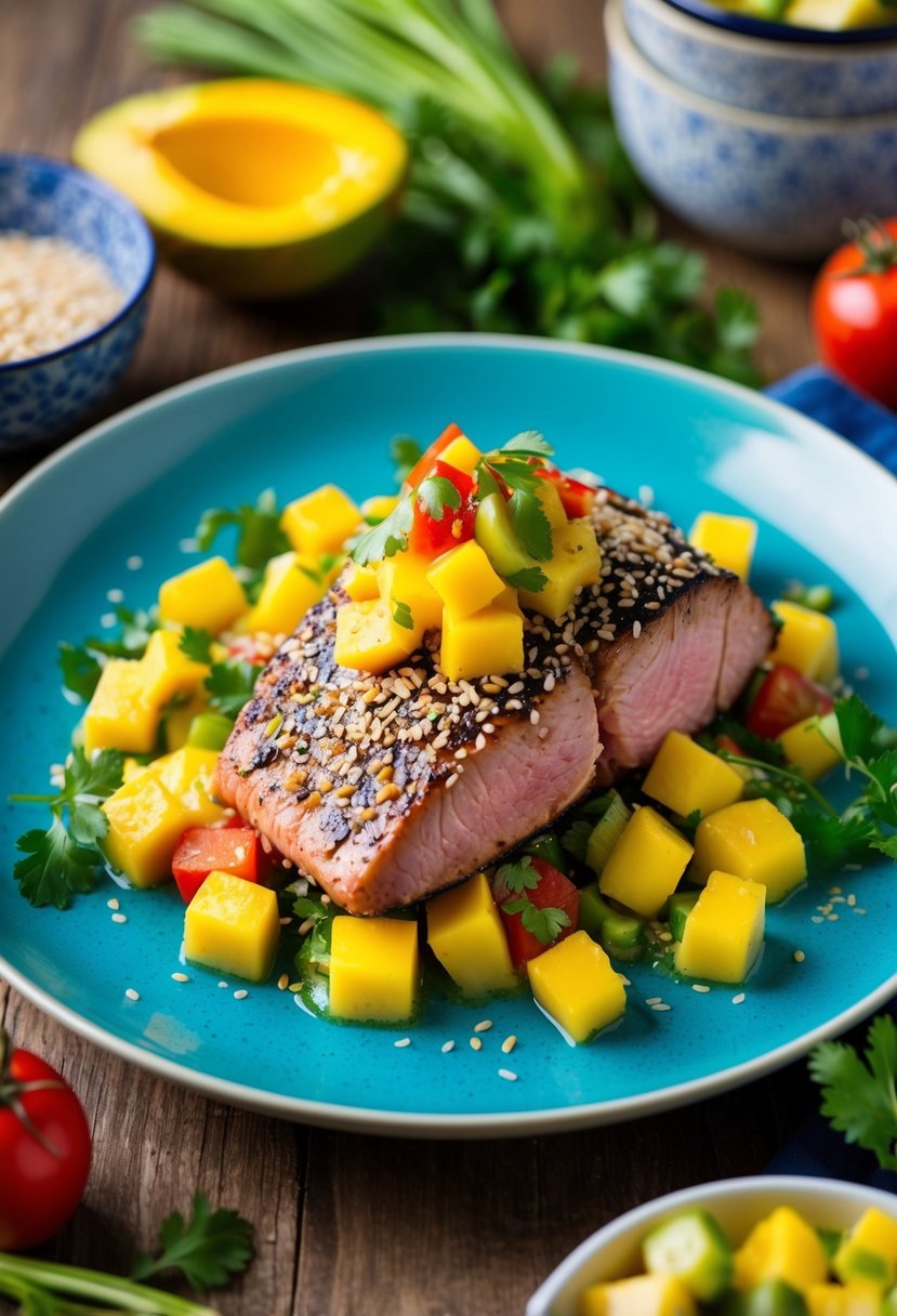 A plate of sesame-crusted tuna topped with mango salsa, surrounded by colorful vegetables and herbs