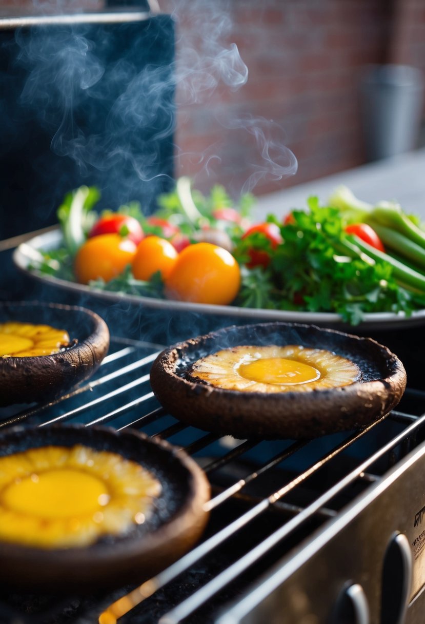 Two Portobello mushroom caps sizzling on a grill, emitting a savory aroma, with a side of fresh vegetables and herbs