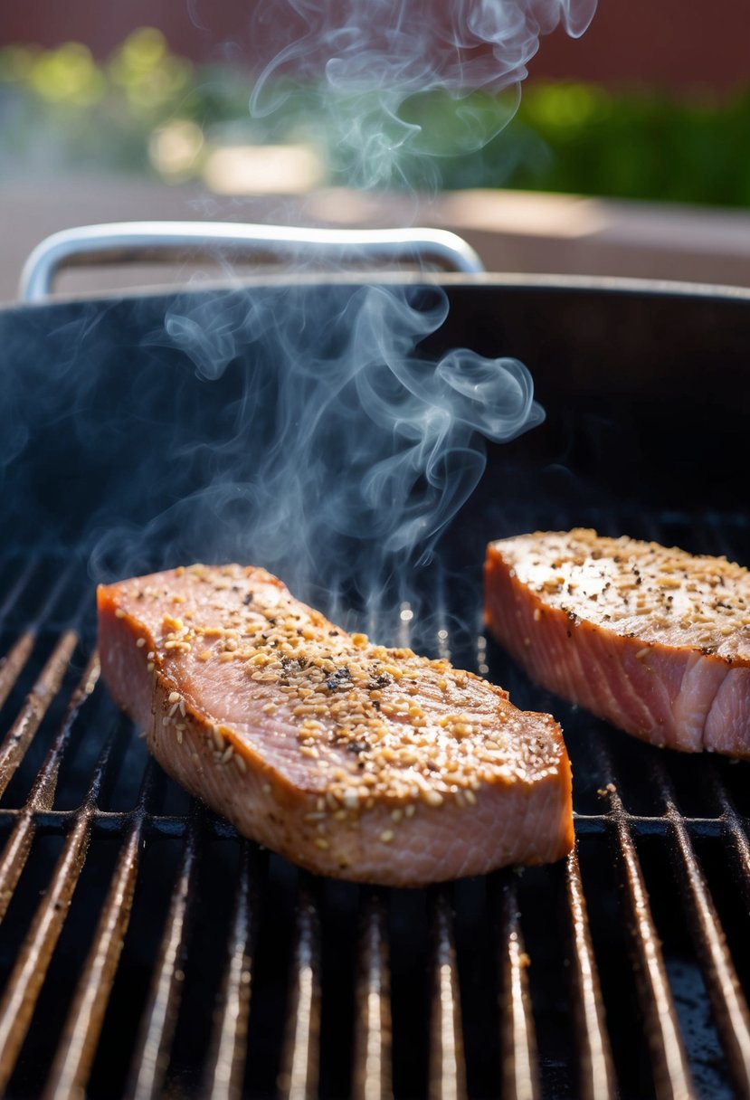 Two sesame-crusted tuna steaks sizzling on a hot grill, emitting a mouth-watering aroma as they cook to a perfect medium-rare