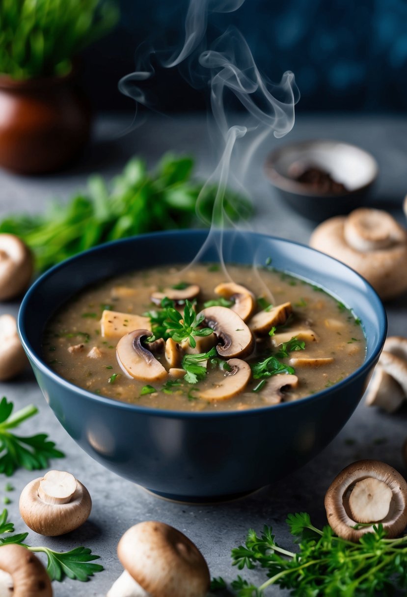 A steaming bowl of spiced mushroom soup surrounded by fresh mushrooms and herbs