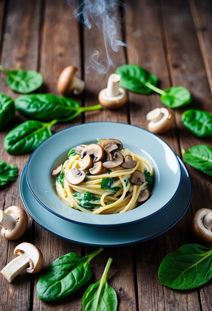 A steaming plate of creamy mushroom spinach pasta on a rustic wooden table, surrounded by fresh mushrooms and spinach leaves