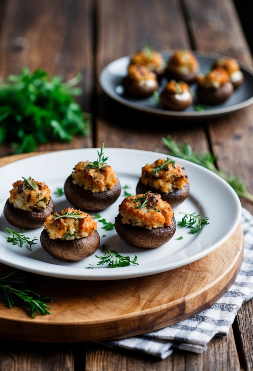 A platter of stuffed cremini mushrooms, garnished with herbs, on a rustic wooden table