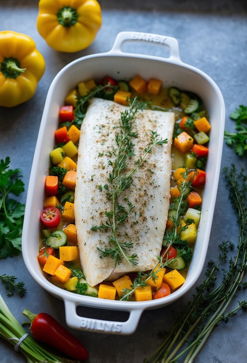 A white baking dish filled with seasoned filet of sole surrounded by colorful vegetables and herbs, ready to be placed in the oven