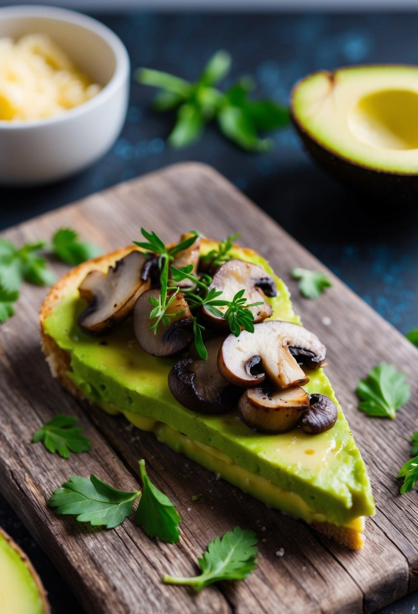 A slice of avocado toast topped with sautéed mushrooms, garnished with fresh herbs on a rustic wooden board