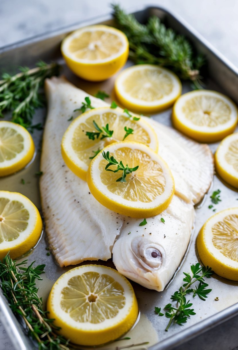 A fresh sole filet surrounded by vibrant lemon slices and fresh herbs, ready to be baked to perfection