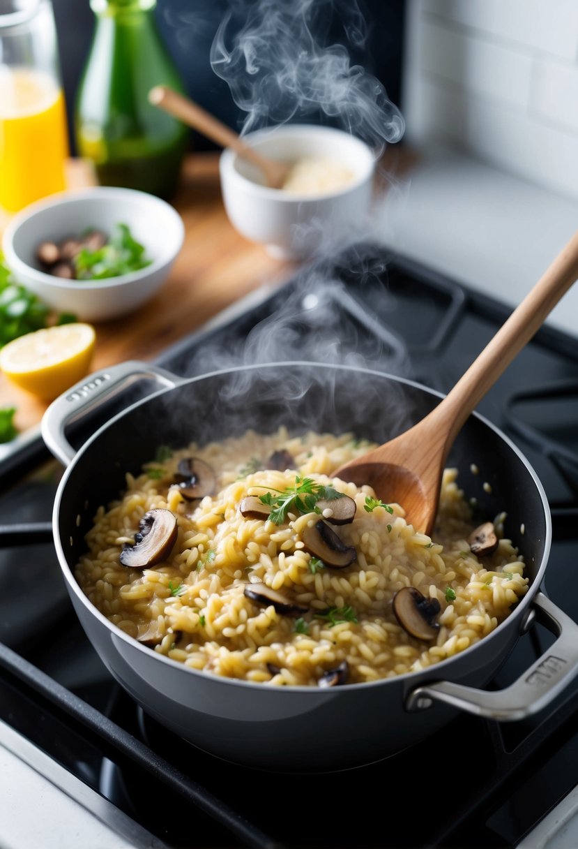 A steaming pot of miso mushroom risotto simmering on a stove, surrounded by fresh ingredients and a wooden spoon