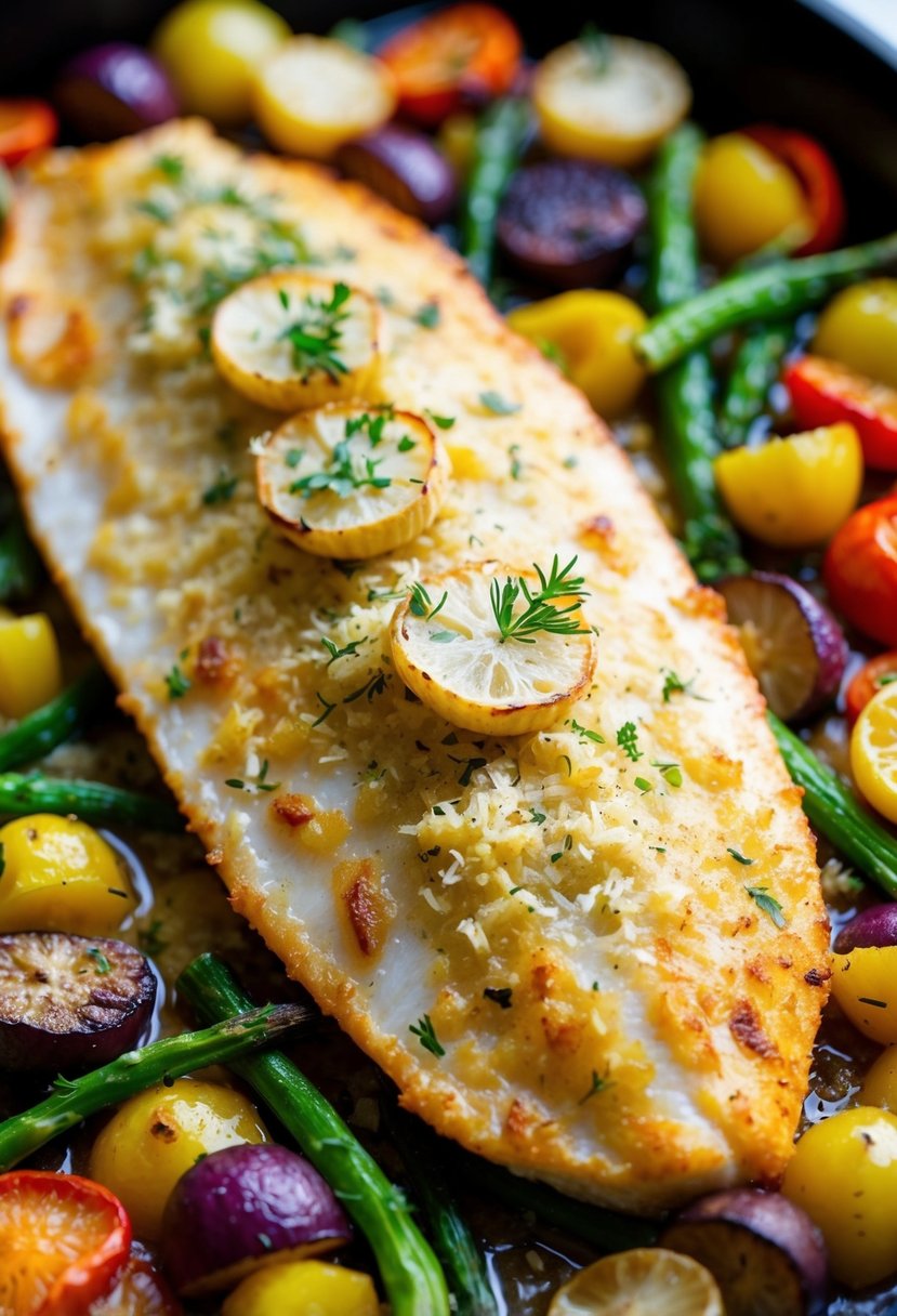 A golden-brown sole filet coated in garlic, parmesan, and herbs, baked to perfection on a bed of colorful, roasted vegetables