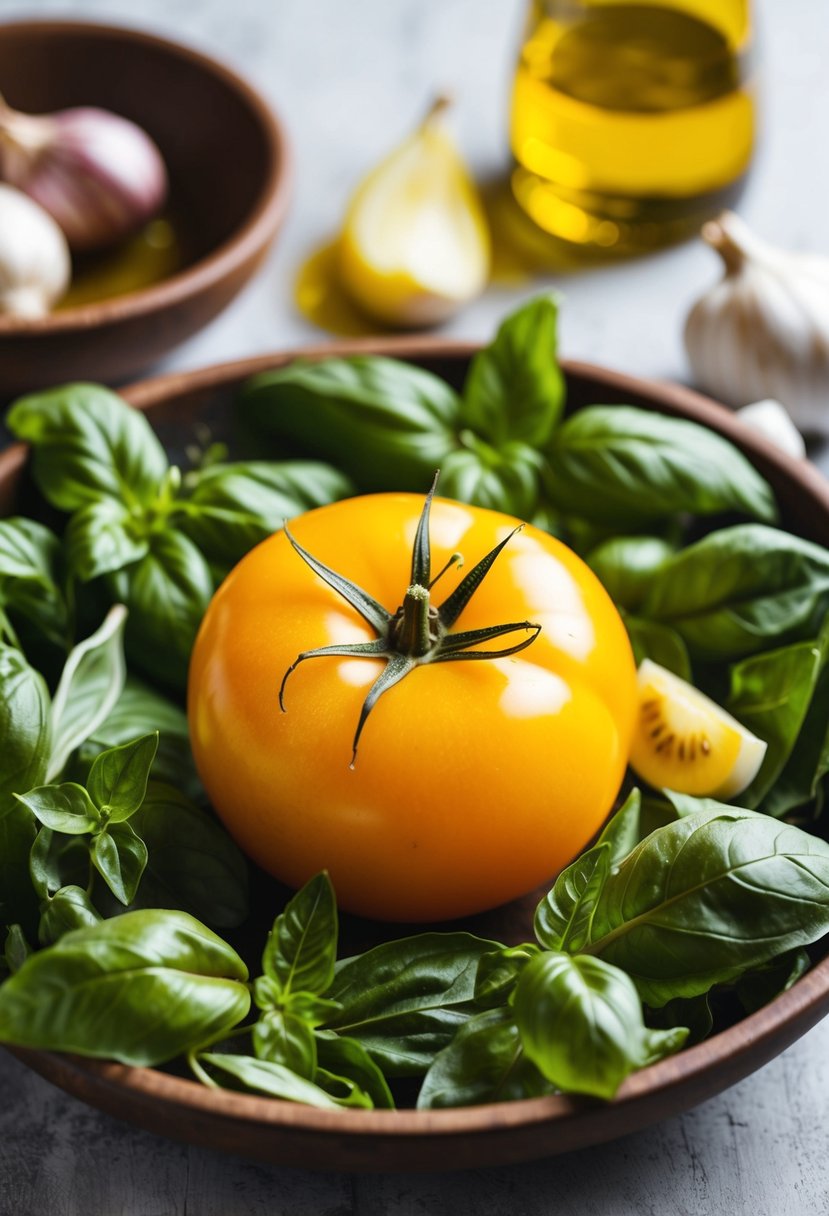 A vibrant yellow tomato surrounded by basil, garlic, and olive oil, ready to be turned into a delicious recipe