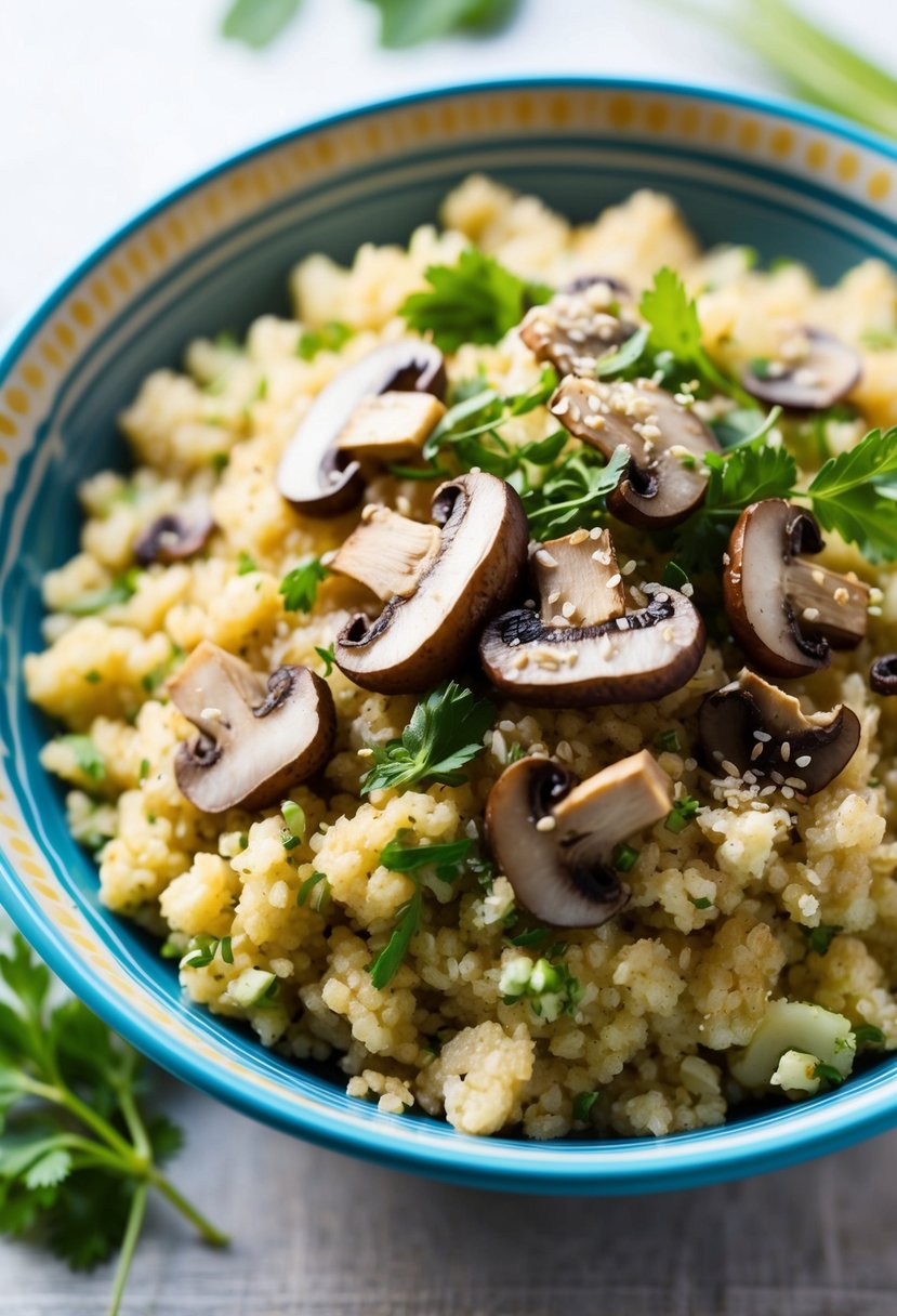 A colorful bowl filled with mushroom cauliflower rice, topped with fresh herbs and a sprinkle of sesame seeds