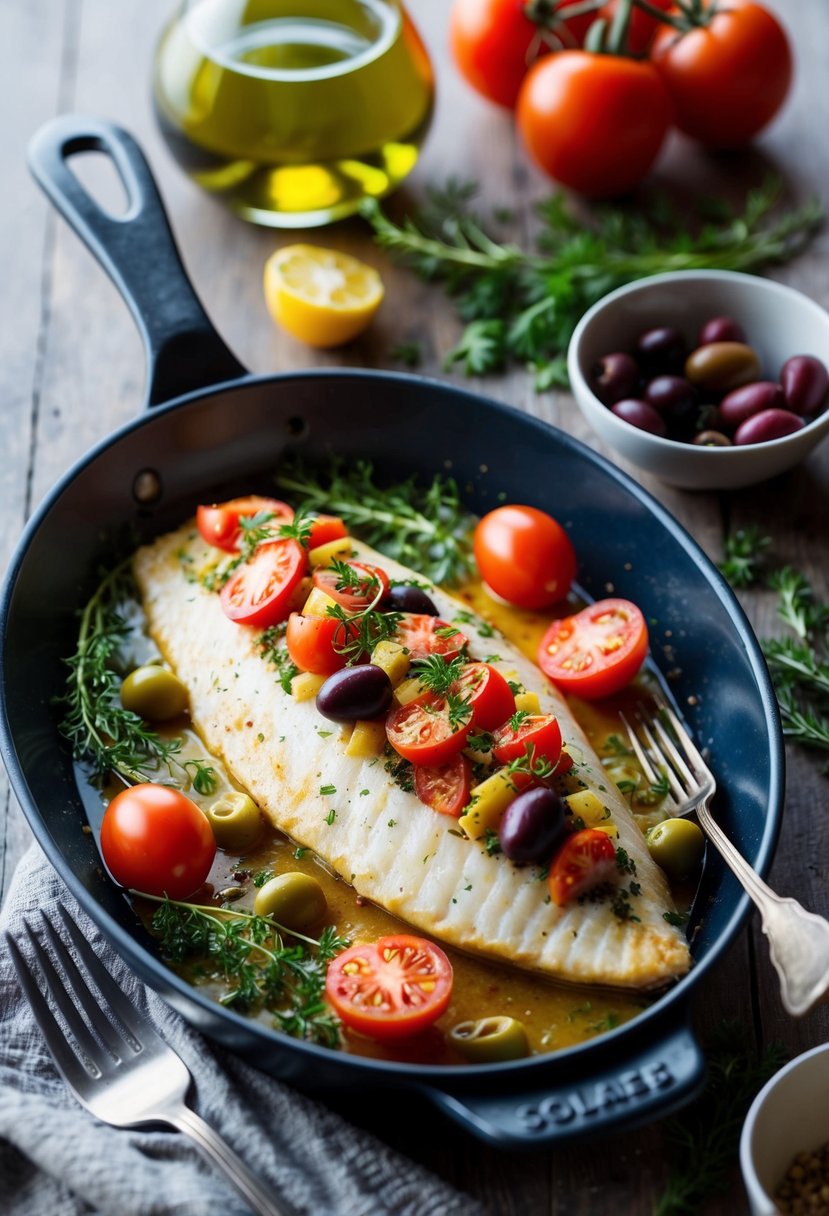 A Mediterranean Stuffed Sole filet is being baked with healthy ingredients like tomatoes, olives, and herbs, creating a delicious and colorful dish