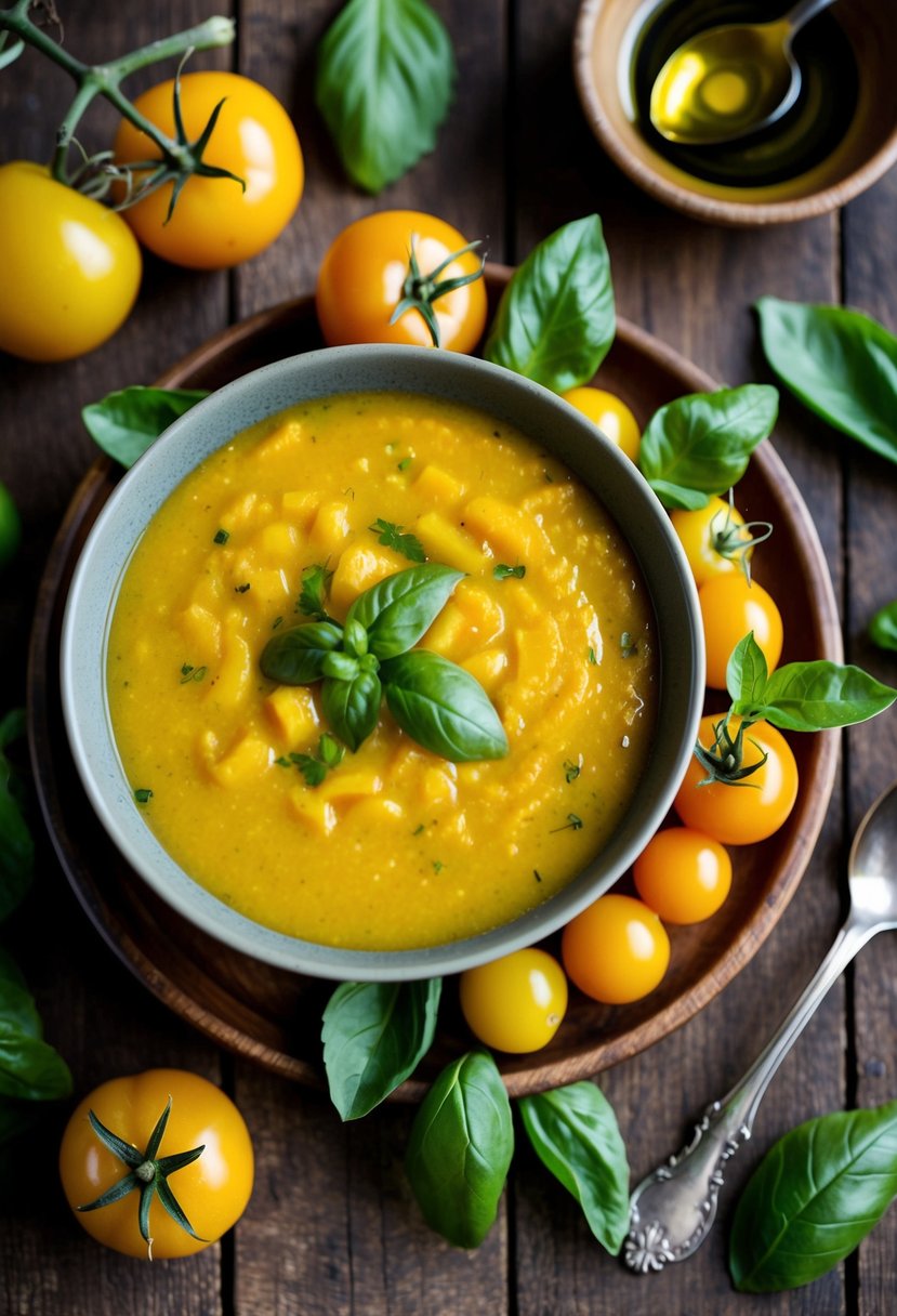 A rustic wooden table with a bowl of vibrant yellow tomato gazpacho, surrounded by fresh yellow tomatoes, basil leaves, and a splash of olive oil