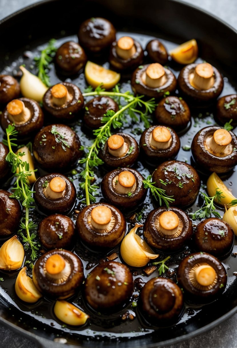 A sizzling skillet of balsamic glazed mushrooms, glistening with a rich, caramelized coating, surrounded by fresh herbs and garlic cloves