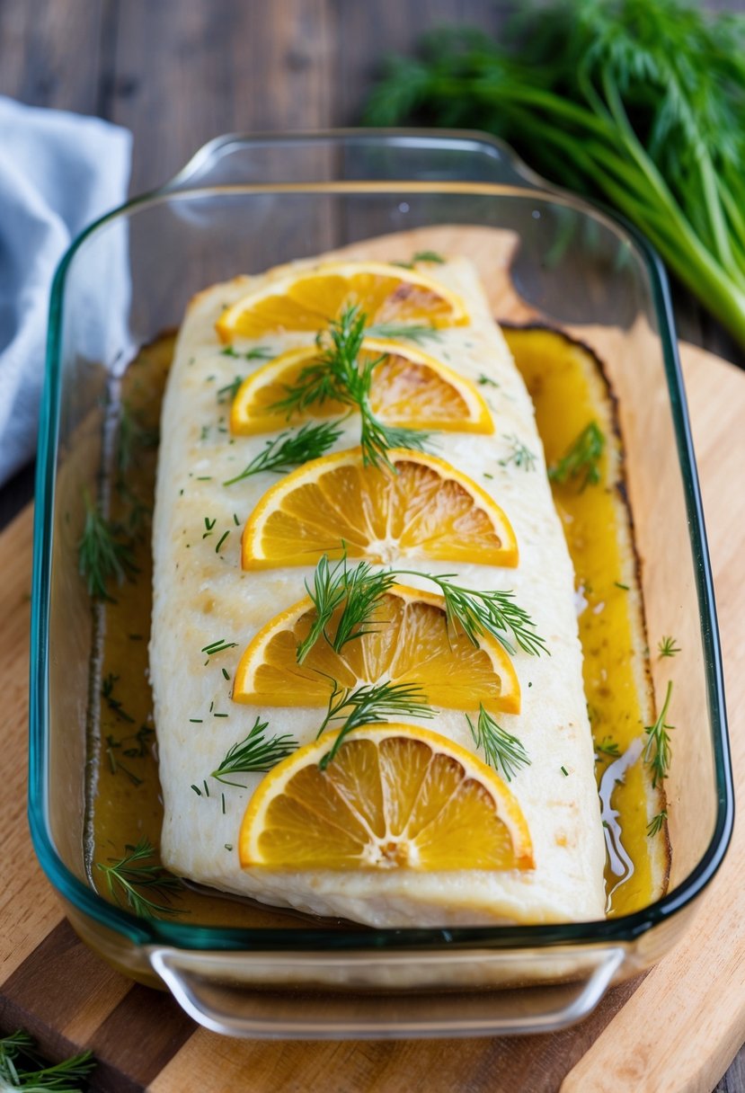 A golden-brown sole filet, topped with fresh dill and slices of citrus, baking in a glass dish on a wooden cutting board