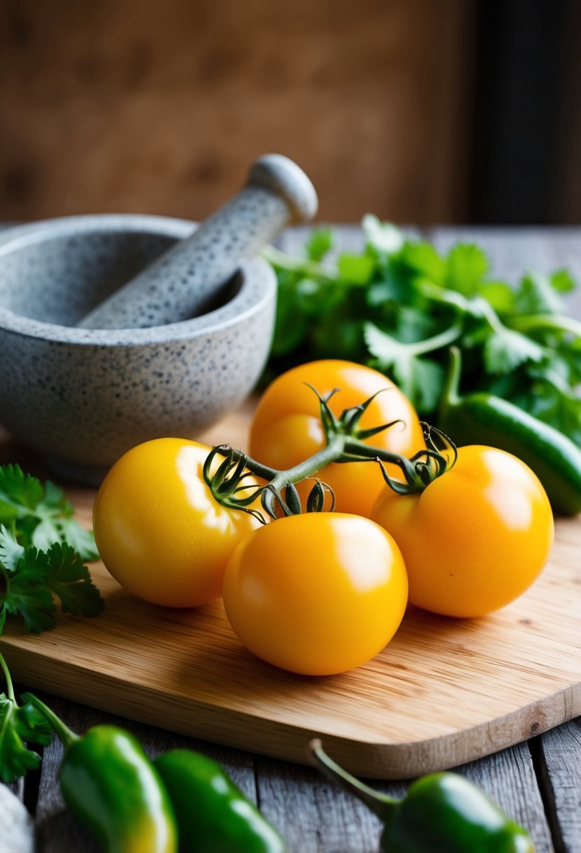 Fresh yellow tomatoes, cilantro, and jalapeños on a cutting board. A mortar and pestle nearby for making roasted yellow tomato salsa