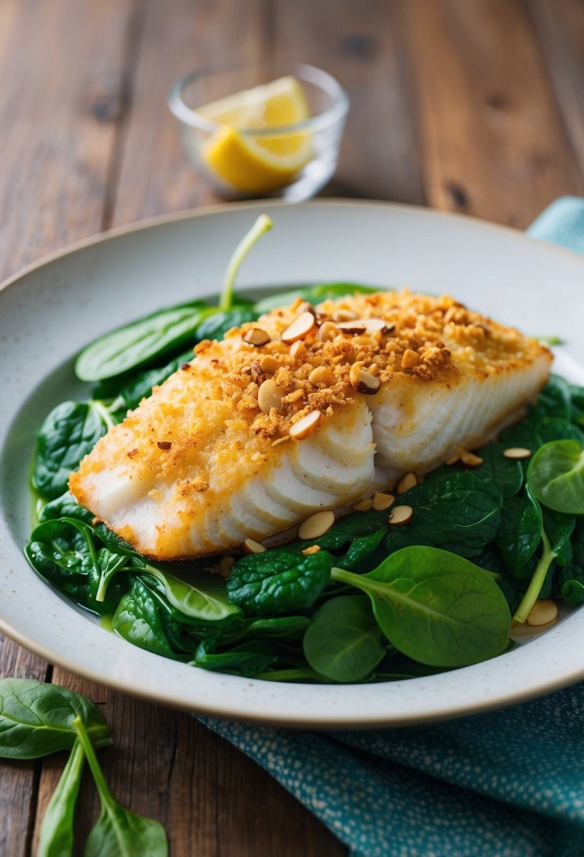 A golden-brown almond-crusted sole sits atop a bed of vibrant green spinach, fresh and healthy baked fish