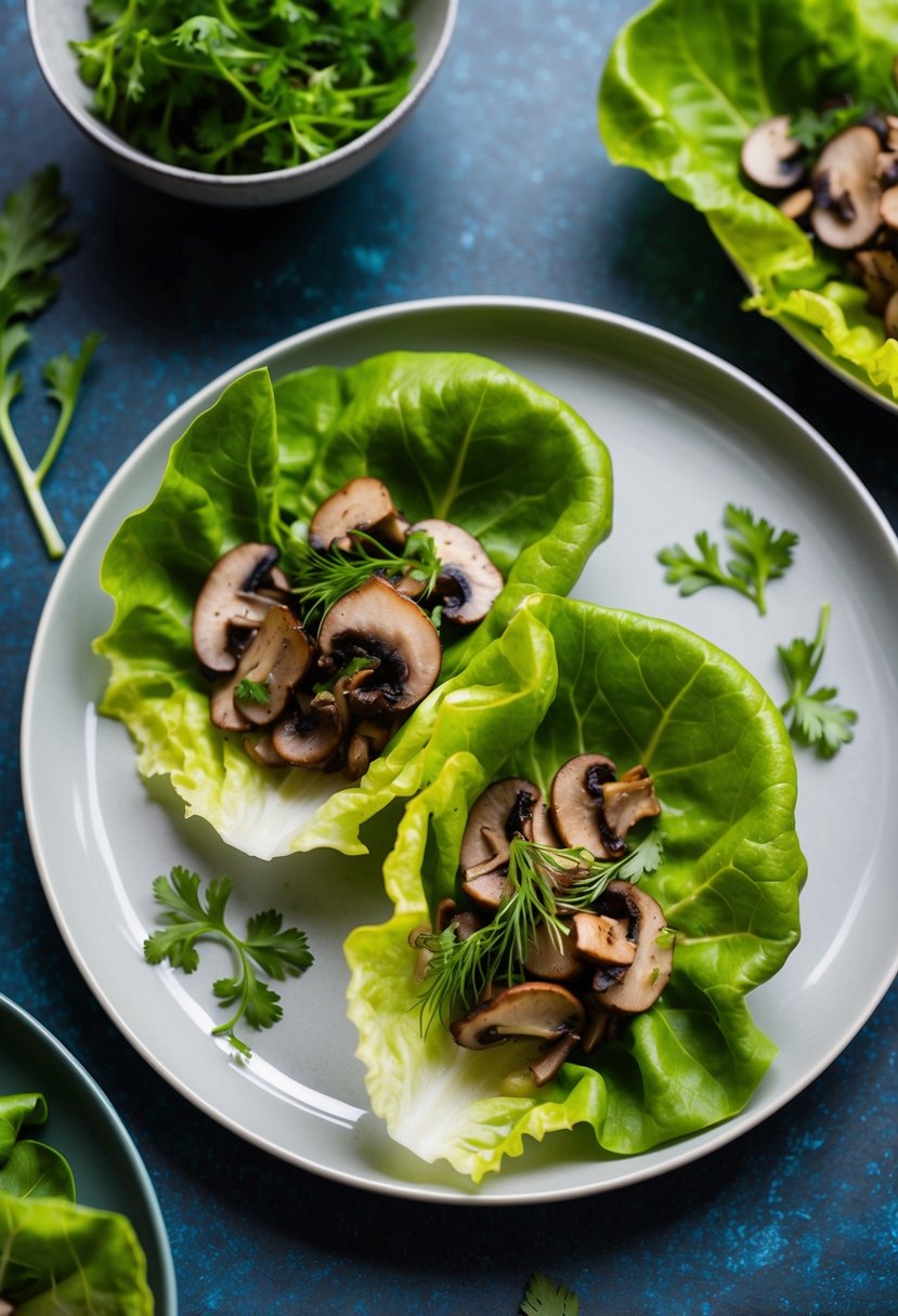 A plate of mushroom lettuce wraps, with vibrant green lettuce leaves wrapped around a filling of savory mushrooms and fresh herbs