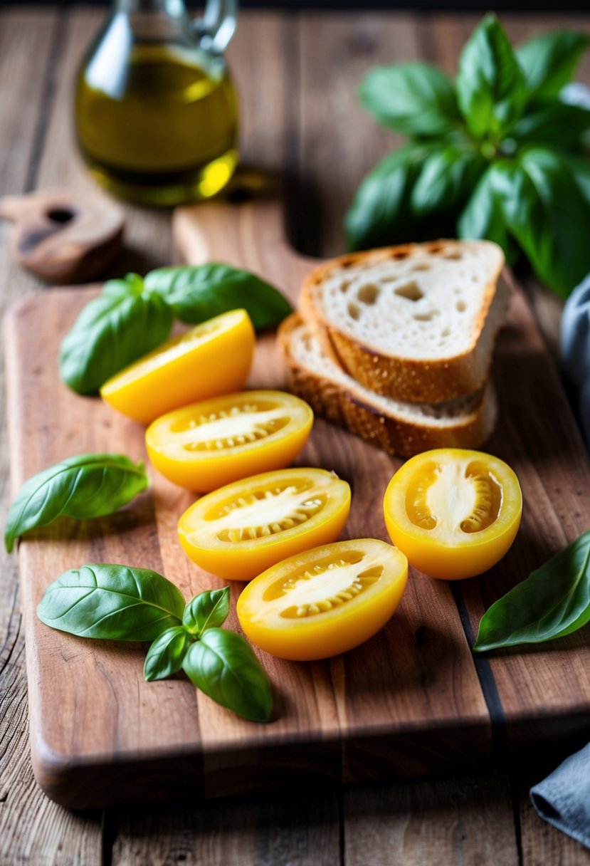 A rustic wooden cutting board holds sliced yellow tomatoes, basil, and toasted bread, with a jar of olive oil nearby