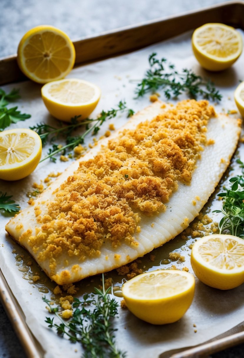 A golden-brown sole filet, coated in a crispy mustard-panko crust, sits on a parchment-lined baking sheet, surrounded by fresh herbs and lemon wedges