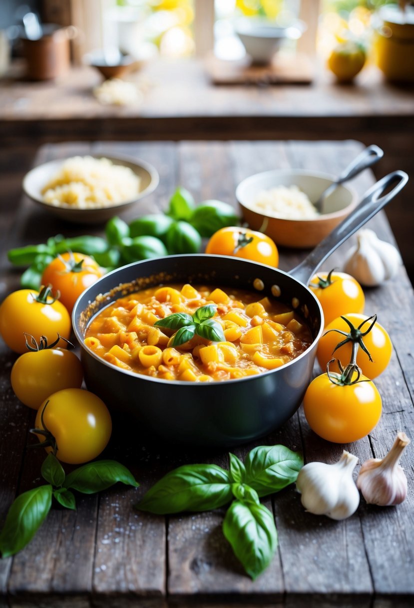 A rustic kitchen table with a pot of simmering yellow tomato pasta sauce surrounded by fresh yellow tomatoes, garlic, and basil