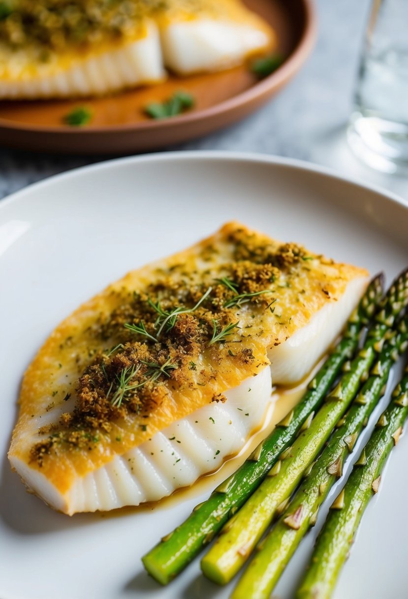 A golden-brown herb-crusted sole with a side of perfectly cooked asparagus on a white plate