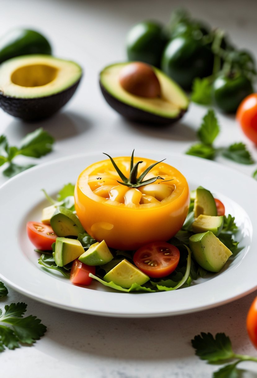 A bright yellow tomato and avocado salad on a white plate with fresh ingredients scattered around