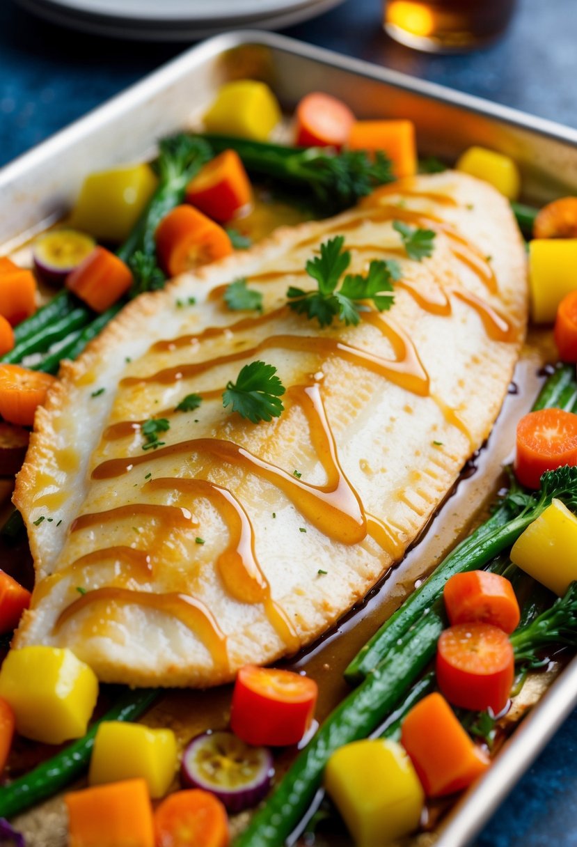 A golden-brown sole filet, drizzled with honey soy glaze, surrounded by vibrant, colorful vegetables, on a baking sheet