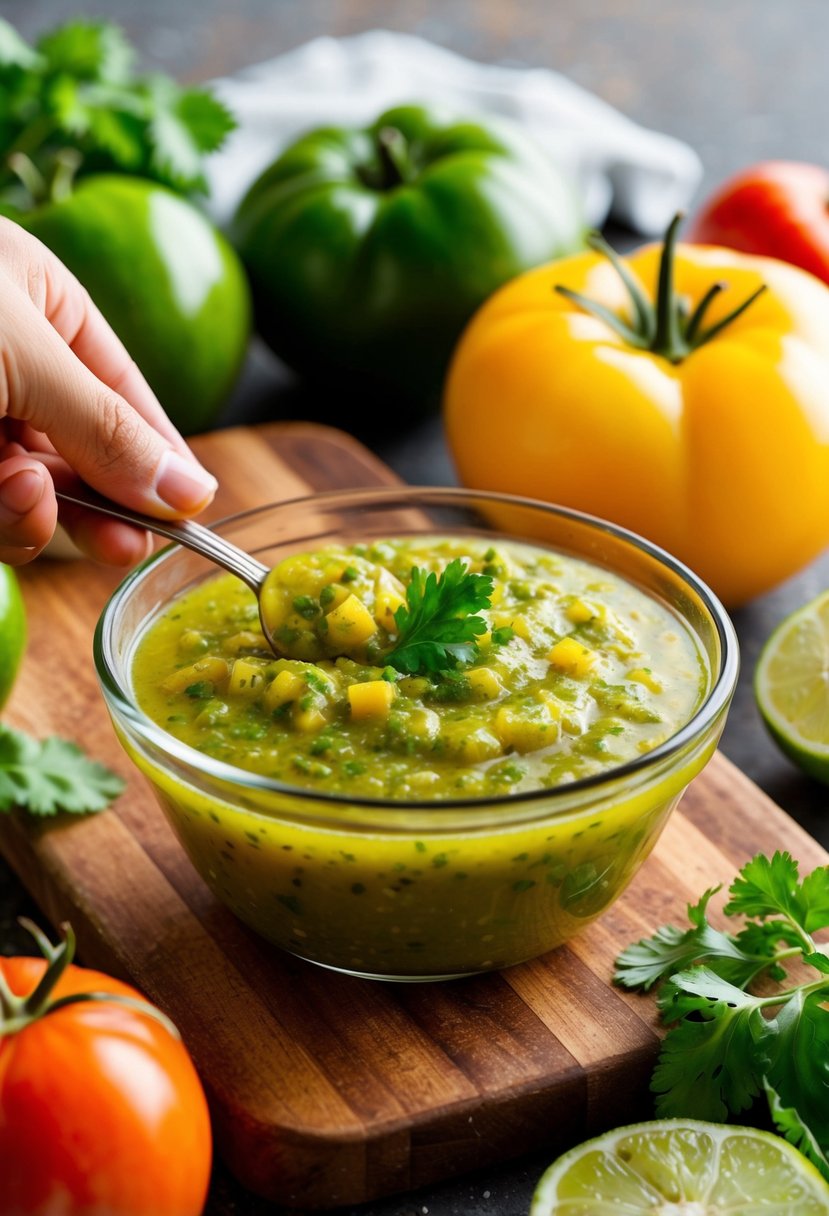 A vibrant yellow tomato salsa verde being prepared with fresh ingredients on a wooden cutting board