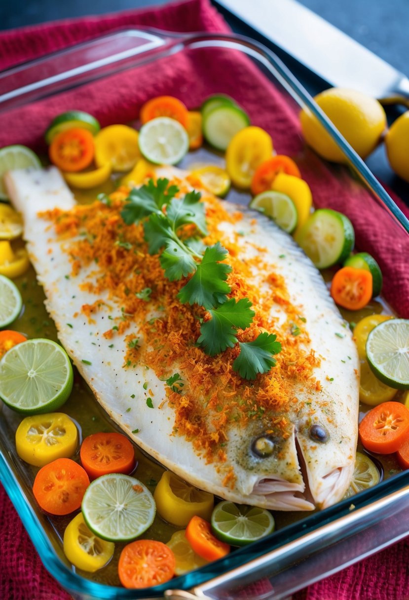 A vibrant, paprika-lime seasoned sole filet baking in a glass dish surrounded by colorful, sliced vegetables