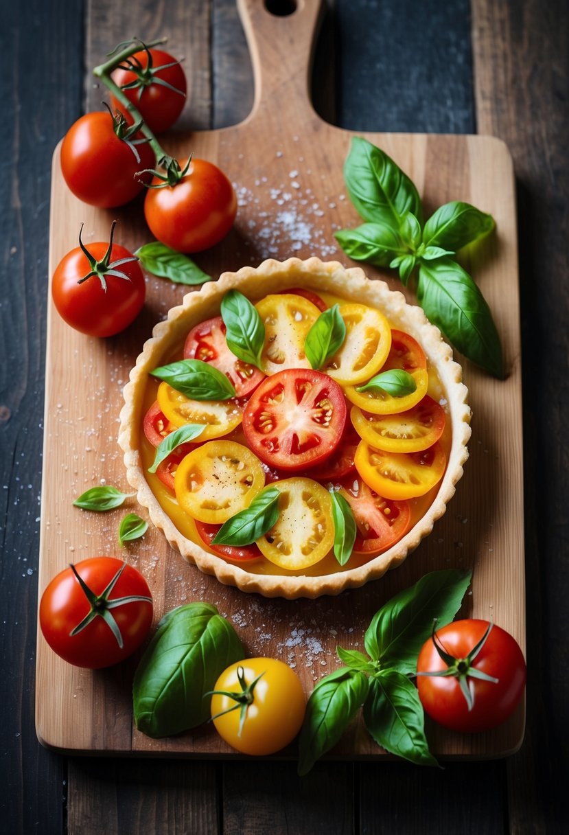 A rustic yellow tomato tart on a wooden cutting board surrounded by fresh tomatoes, basil leaves, and a sprinkle of salt