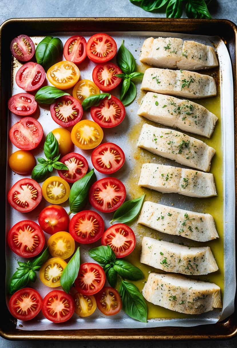 A colorful array of sliced tomatoes, fresh basil, and tender sole filets arranged on a baking sheet, ready to be baked to perfection