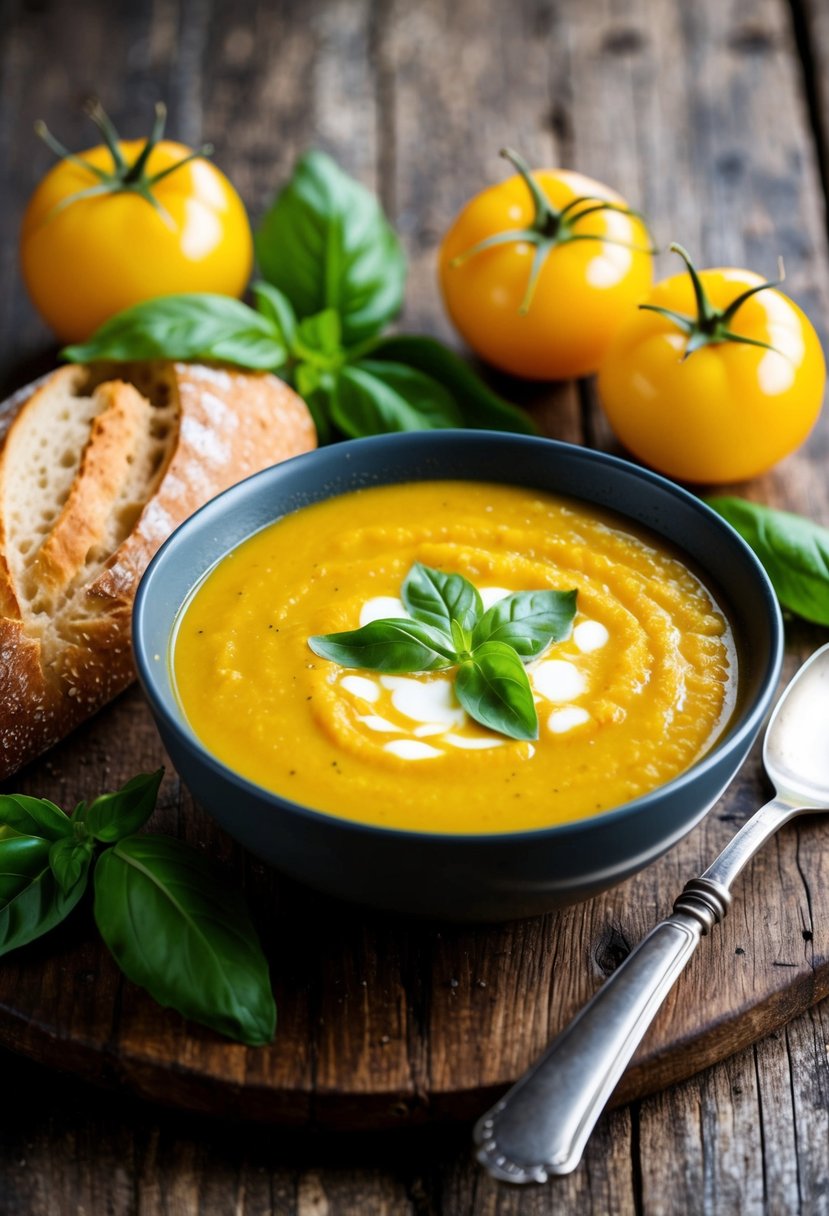 A rustic wooden table with a bowl of vibrant yellow tomato soup, surrounded by fresh yellow tomatoes, basil leaves, and a crusty loaf of bread