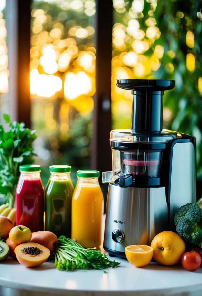 A table with assorted fruits and vegetables, a juicer, and bottles of vibrant colored juices