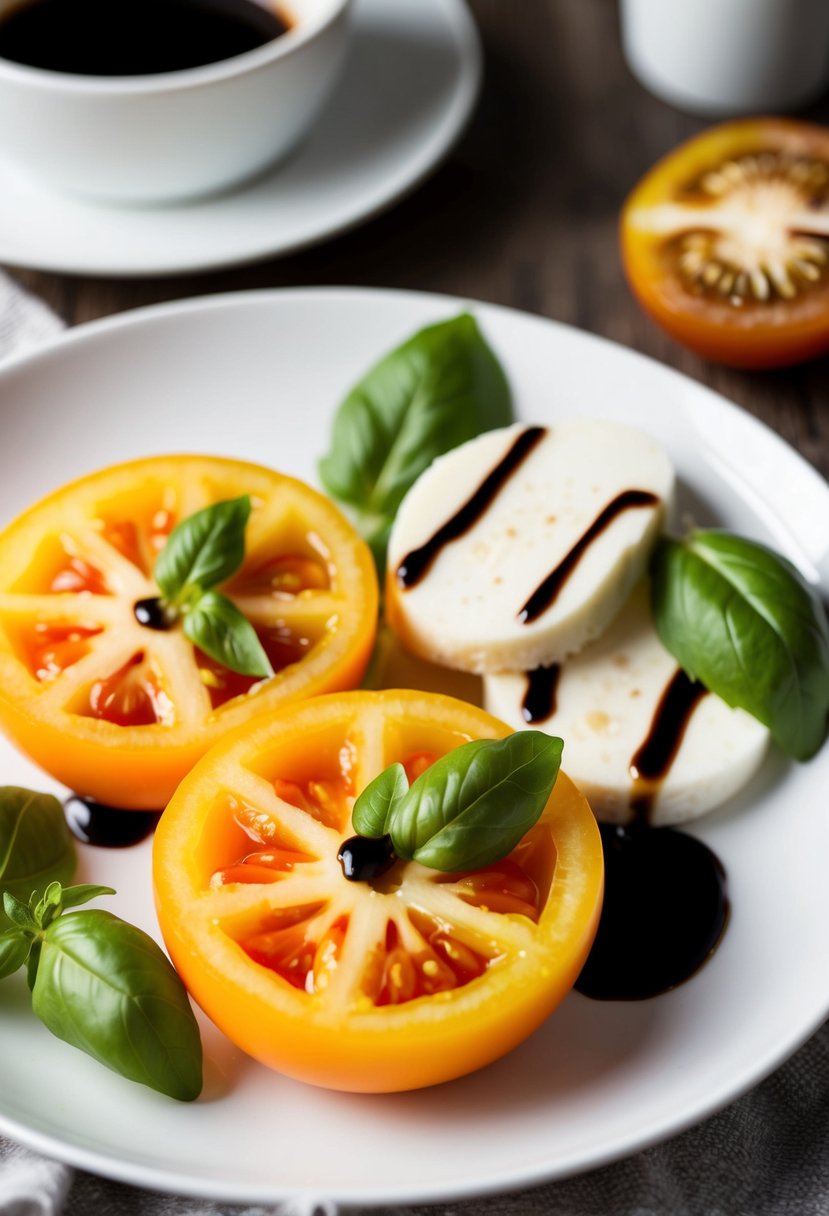 A vibrant yellow tomato sliced with fresh basil, mozzarella, and balsamic glaze on a white plate