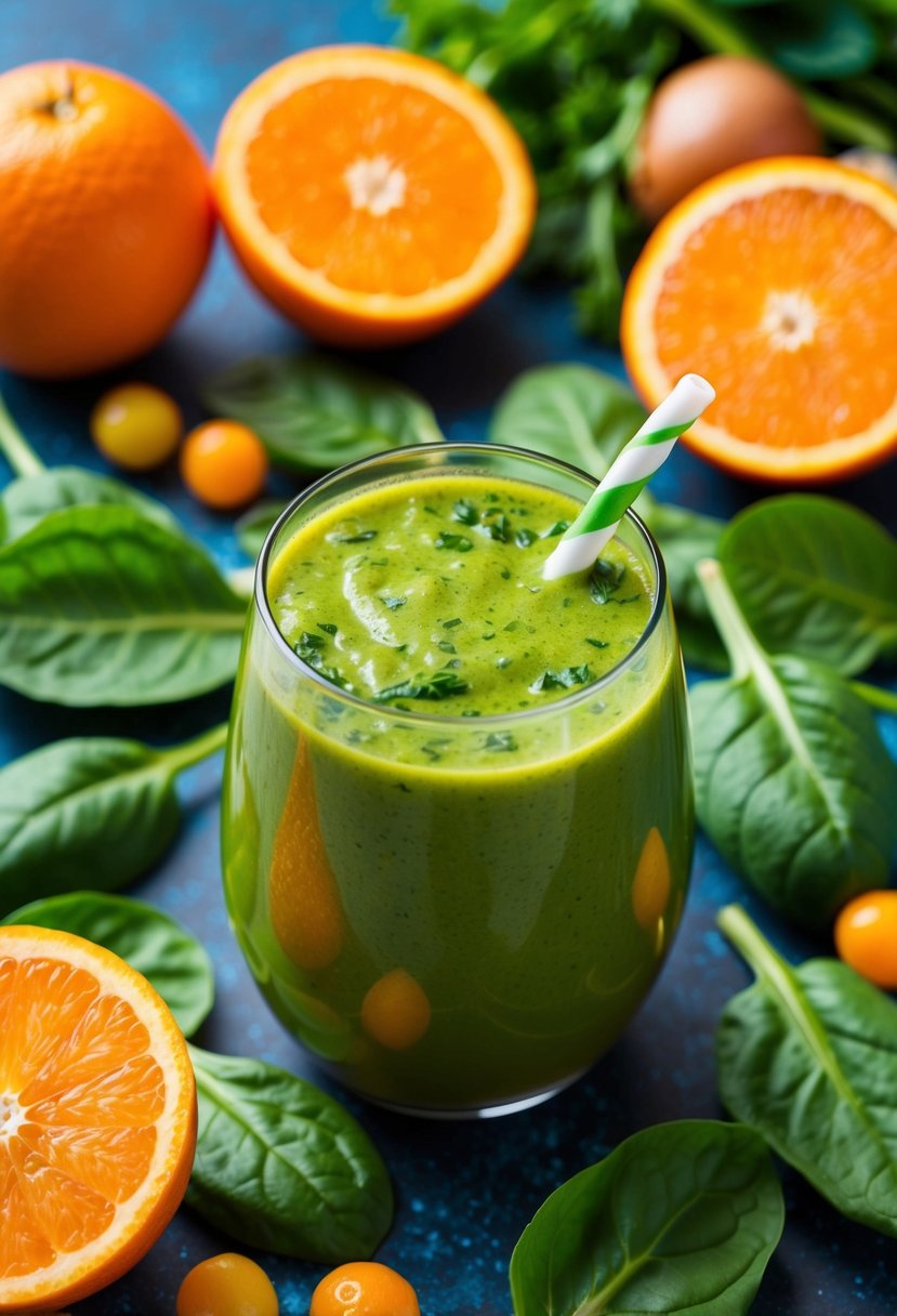 A vibrant orange spinach booster juice surrounded by fresh oranges and spinach leaves, with a background of colorful fruits and vegetables