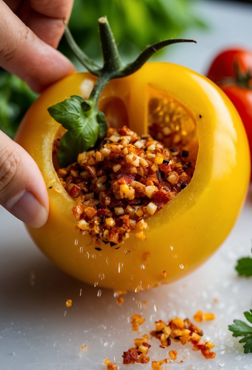 A vibrant yellow tomato being crushed with spicy ingredients