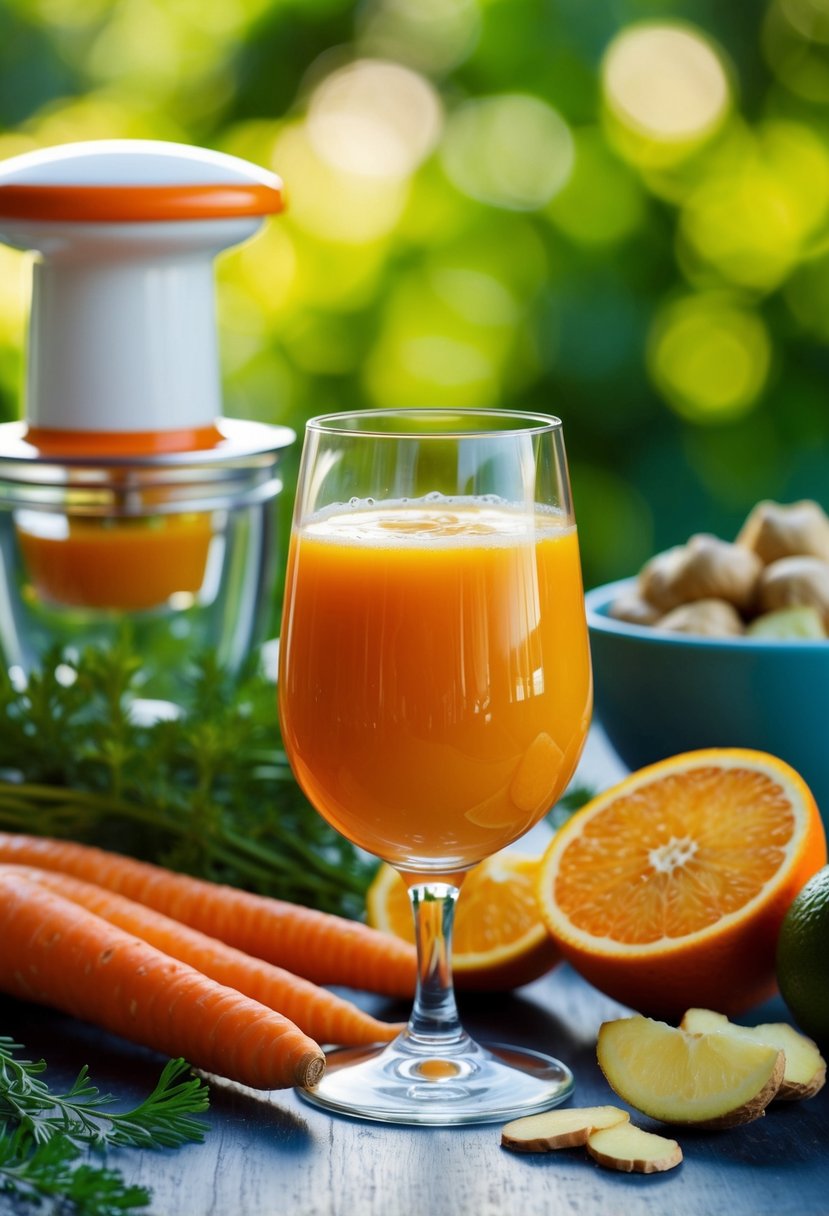 A glass of vibrant orange carrot ginger citrus juice surrounded by fresh ingredients and a citrus juicer