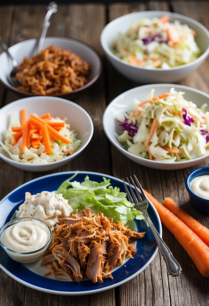 A rustic wooden table with a spread of pulled pork, coleslaw, and various ingredients like cabbage, carrots, and mayonnaise