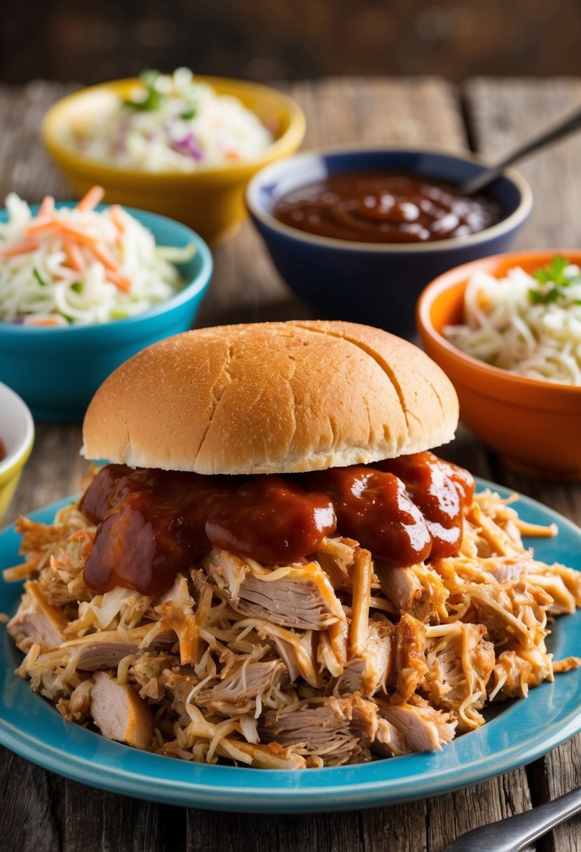 A rustic wooden table with a heaping pile of tender pulled pork, surrounded by colorful bowls of tangy coleslaw and smoky barbecue sauce