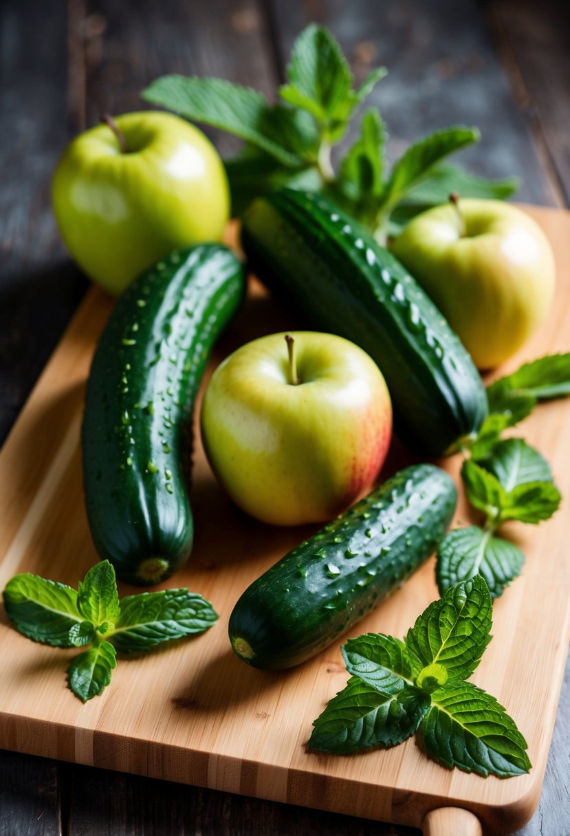 Fresh cucumbers, ripe apples, and vibrant mint leaves arranged on a wooden cutting board, ready to be juiced