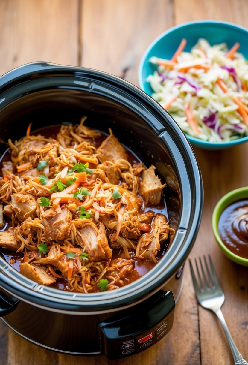 A slow cooker filled with tender pulled pork sits next to a colorful bowl of coleslaw. The rich aroma of BBQ sauce wafts through the air