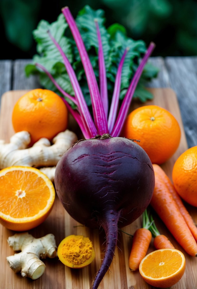 A vibrant beetroot, surrounded by fresh ginger, turmeric, oranges, and carrots, all arranged on a wooden cutting board