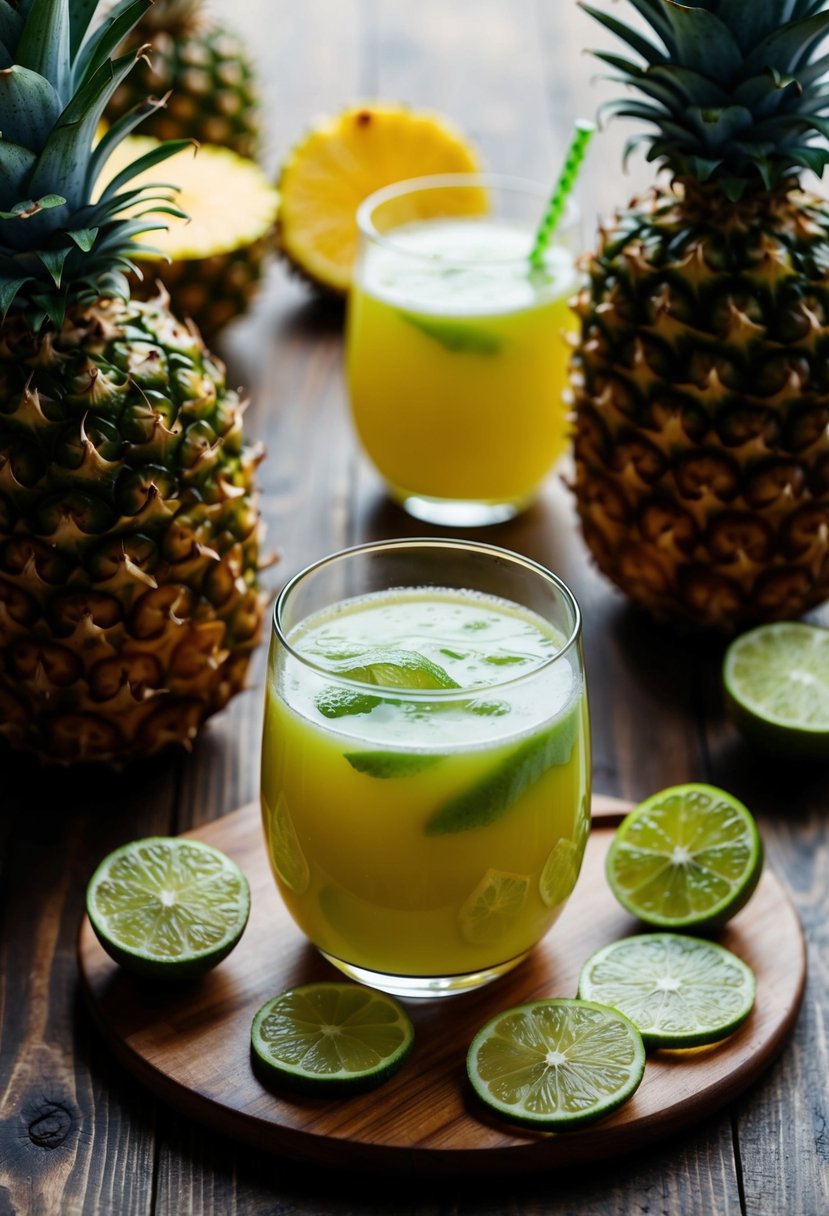 A glass of Pineapple Lime Immuno-Blend juice surrounded by fresh pineapple and lime slices on a wooden table