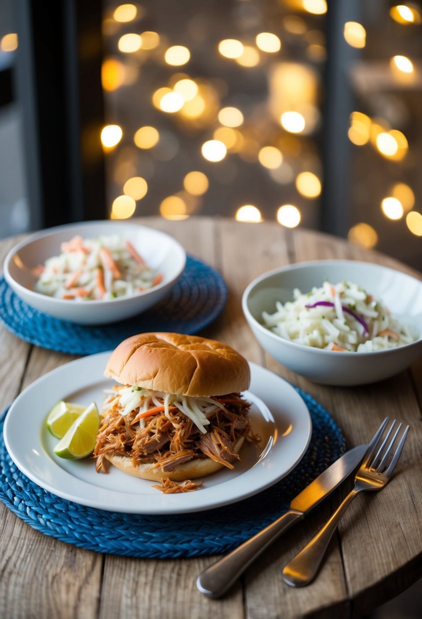 A table set with a plate of pulled pork, a side of coleslaw, and a serving fork and knife