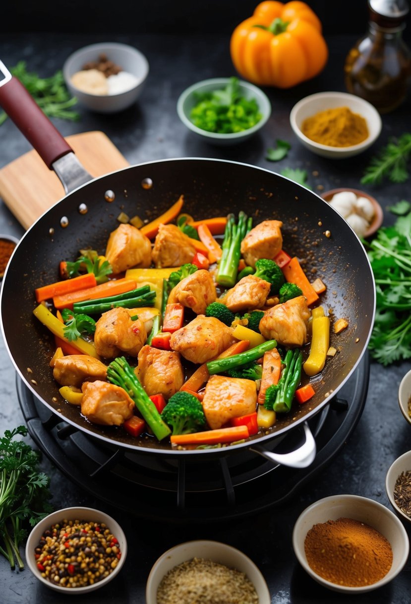 A sizzling wok filled with colorful vegetables and tender pieces of marinated chicken, surrounded by an array of aromatic spices and herbs