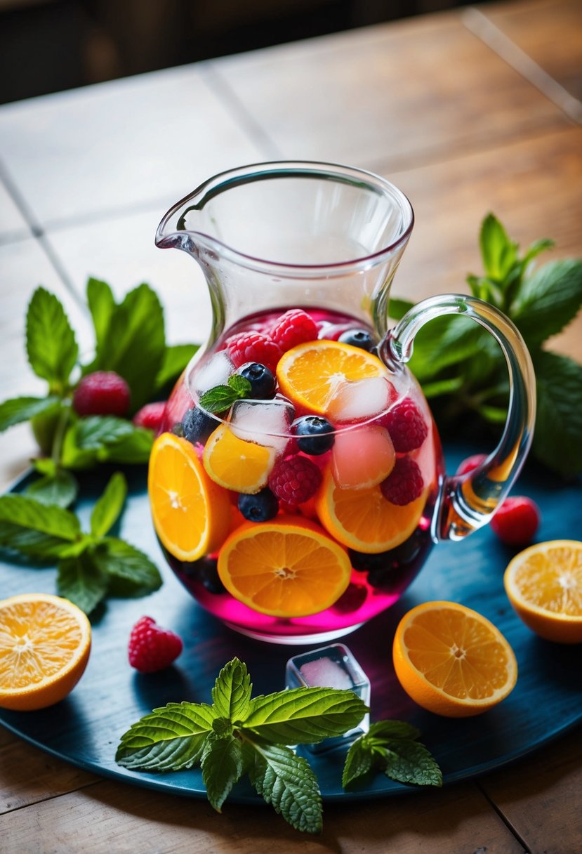 A glass pitcher filled with vibrant berry and citrus fruits, surrounded by fresh mint leaves and ice cubes on a wooden table