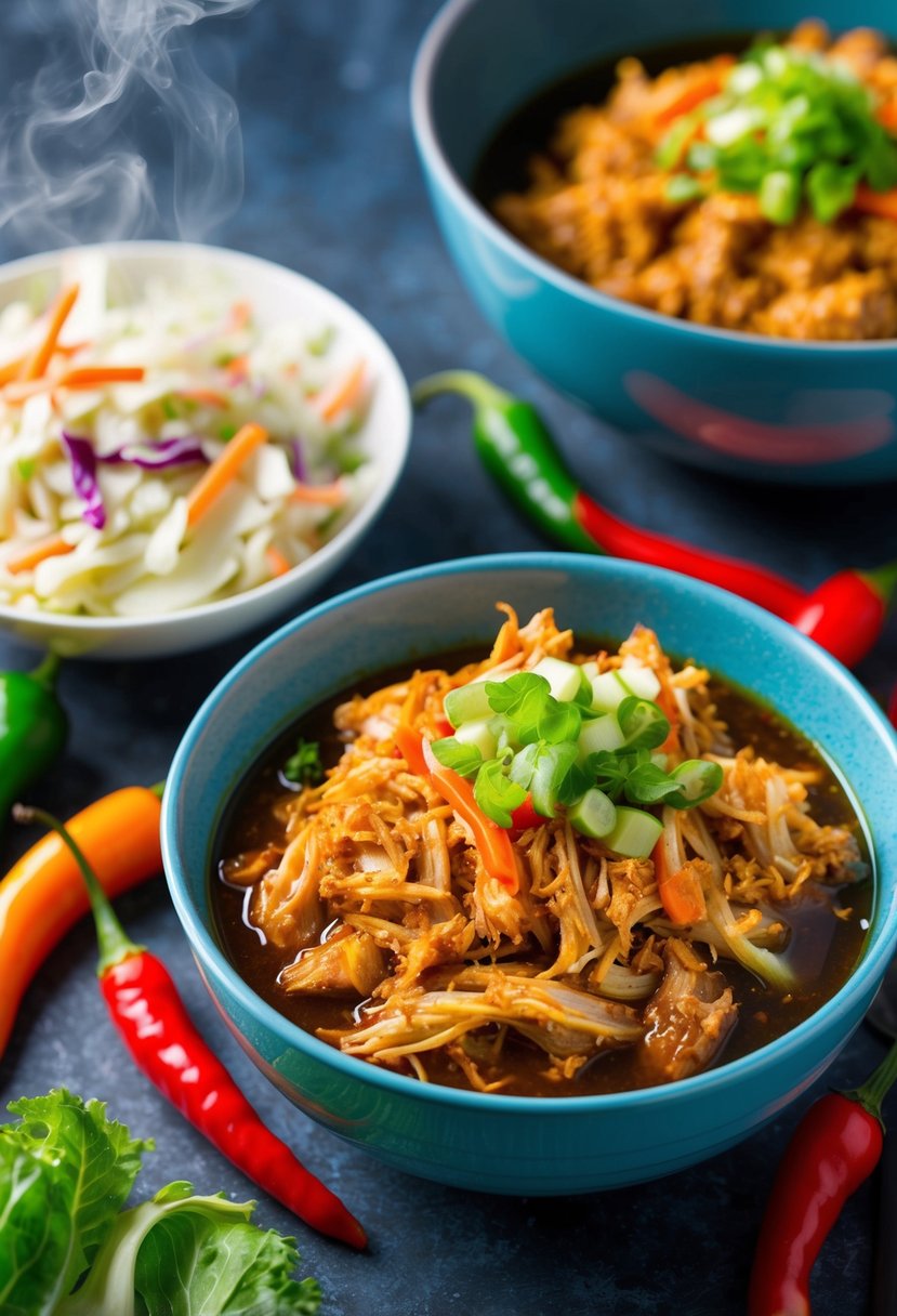 A steaming bowl of spicy Korean pulled pork next to a colorful coleslaw, surrounded by vibrant ingredients like chili peppers and fresh cabbage