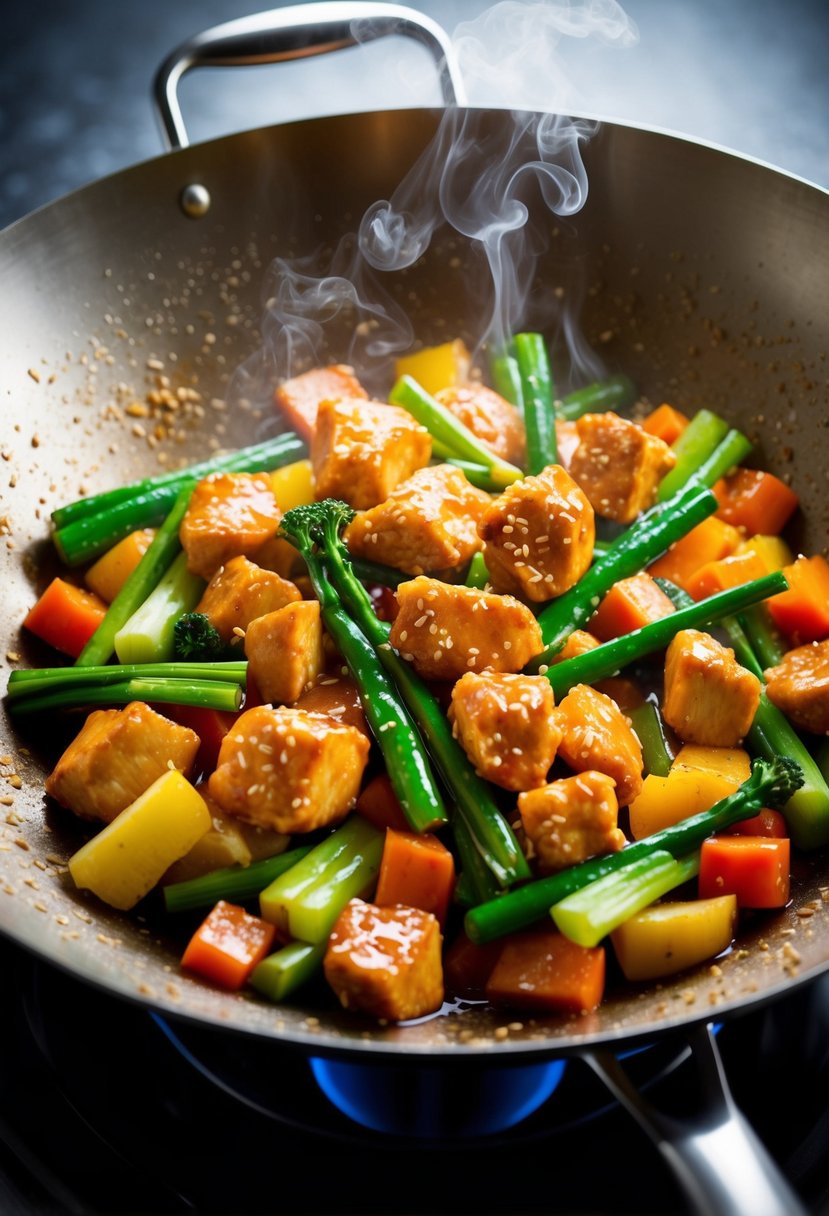 A sizzling wok filled with colorful vegetables, tender chunks of sesame ginger chicken, and a fragrant, steamy sauce